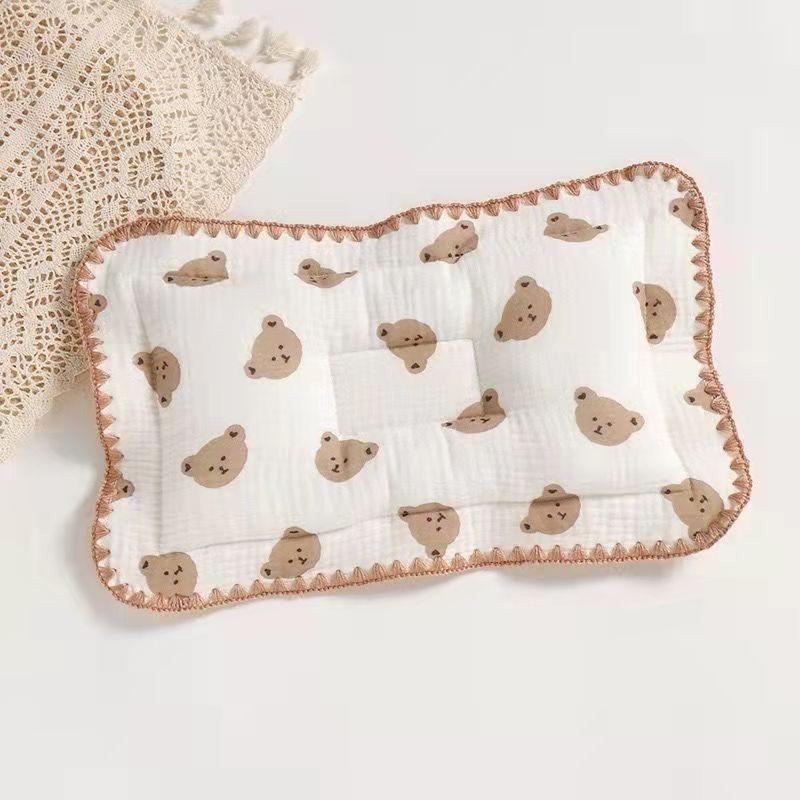 Baby Pillow Pure Cotton Gauze Baby Styling Pillow Lace Cotton Newborn Head Anti-Bias Head Correction Low Pillow 0-6
