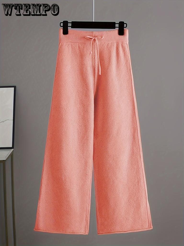 Women's Solid Color Knit Pant Set: Long Sleeve Crew Neck Sweater & Wide Leg Pants