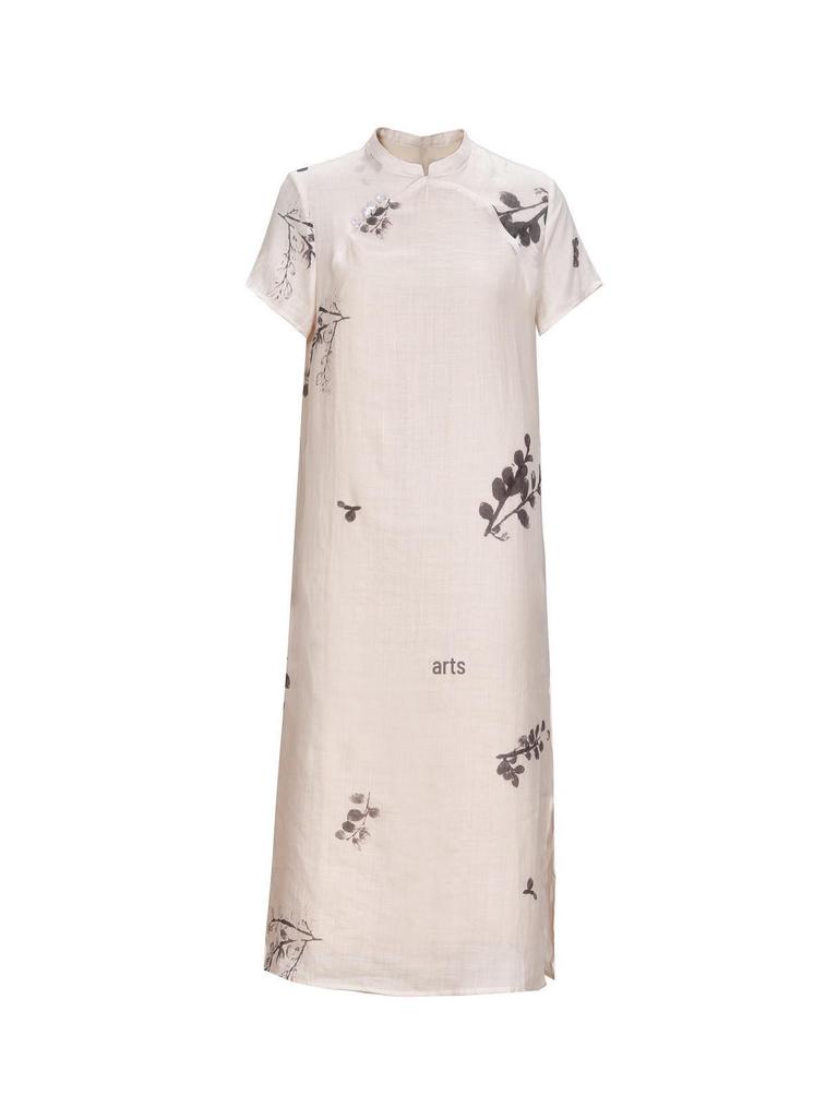 2022 Summer Ramie Print Women's Retro Travel Dress with Stand Collar & Short Sleeves