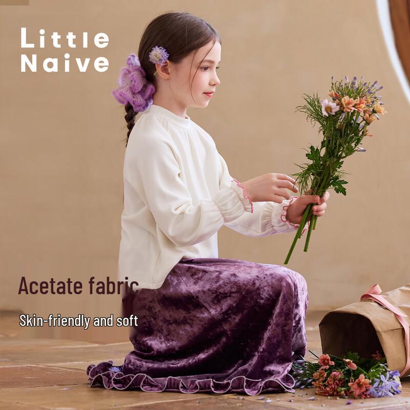 Little Naive Girls' Soft French Style High-Neck Puff-Sleeve T-shirt