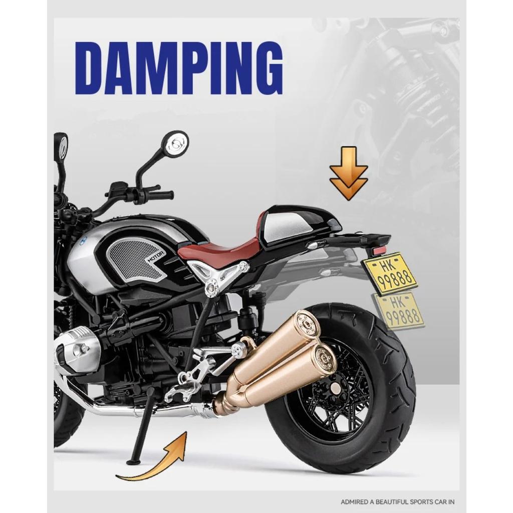 1/12 BMW R NINE T Modello di Moto Sportiva Retrò in Lega in Metallo Diecast Modello di Moto da Corsa Stradale Suono e Luce Giocattolo per Bambini Regalo