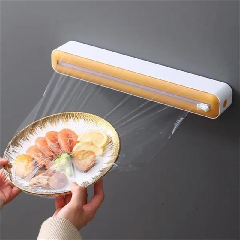 2 In 1 Plastic Wrap Cutter Cling Film Dispenser Tin Paper Aluminum Foil Parchment Paper Storage Cutting Box Kitchen Package Tool