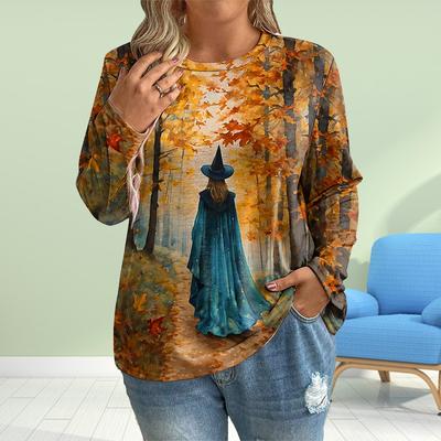 Women Autumn Tops The Witch In the Forest Print Causal Long Sleeve T-shirt Top Blouse
