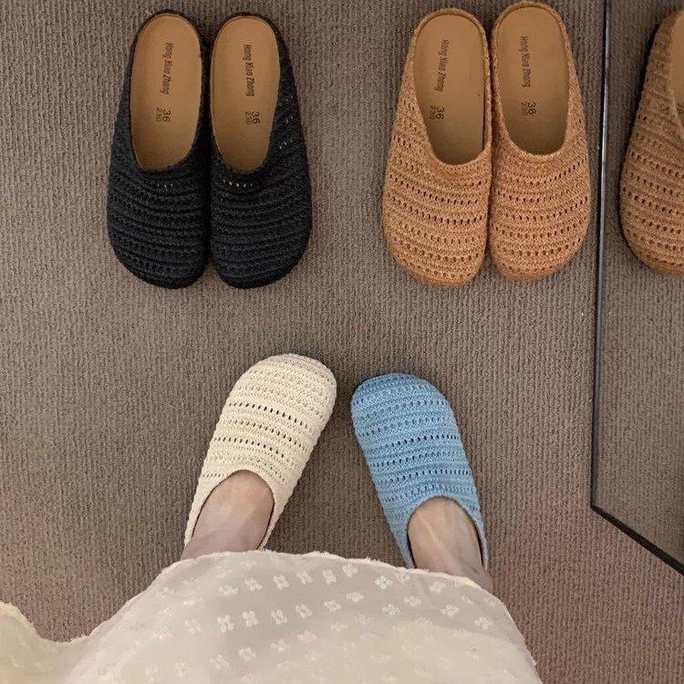 French niche hand-woven hollow breathable bag head half slippers women's summer wear Roman style thick-soled Boken shoes