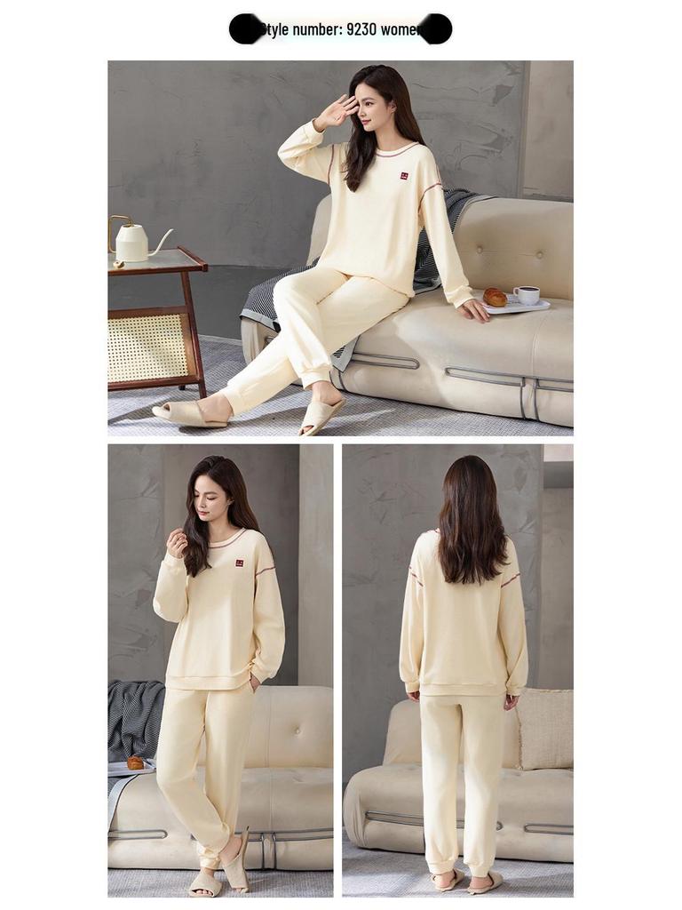 Women's Pure Cotton Pajamas with Chest Pad - Long Sleeve, Plus Size, for Autumn/Winter. Wearable Outdoors, Loose Fit Homewear.