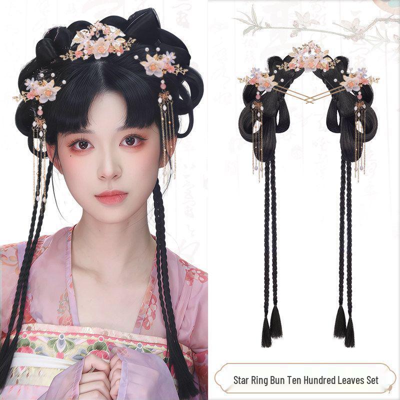 Ancient Style Hanfu Wig Bun with Full Hair Strand Updo Hairstyle Headwear Set