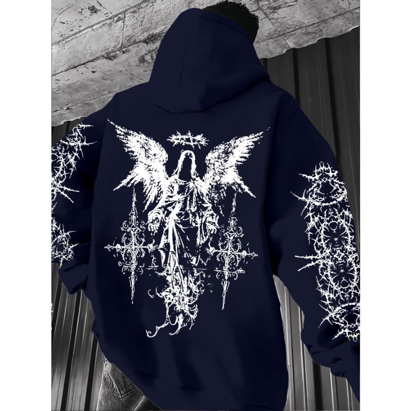 Felpa con cappuccio da uomo Elemento Angelo Stampa Spina Graffiti Stile Streetwear Hip-Hop Punk