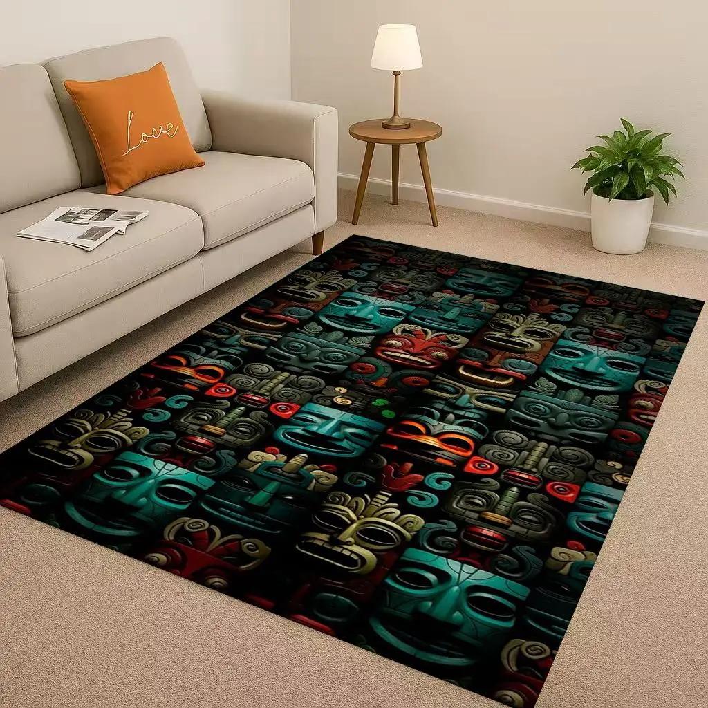 Retro Aztec Totem Maya Mask Sun God Living Room Non-Slip Area Rug Soft Carpet For Bedroom Sofa , Easy Clean Home Doormat Playmat
