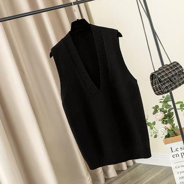 

Весняний светр без рукавів, трикотажний жилет, однотонне жіноче видання, повсякденний вільний і універсальний светр-майка з V-подібним вирізом, пуловер, топ для жінок One Size чорний