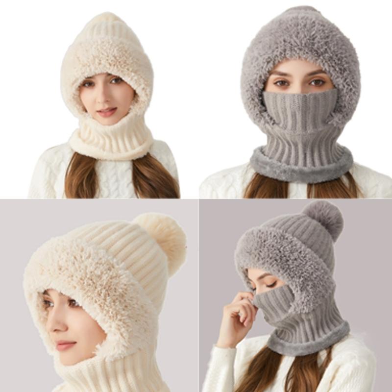 Versatiles Knitted Hat Women Ponytail Hat with Integrated Vintage Neck Warmer for Women with Neck Warmer