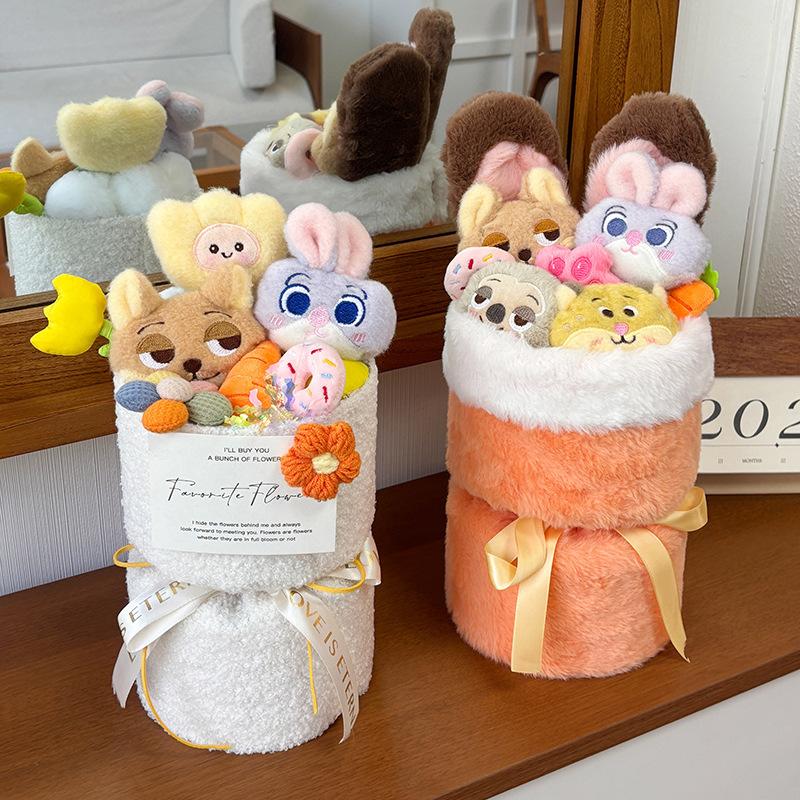 Hot Zootopia 2 Plush Flower Bouquet - Nick & Judy Stuffed Animal Doll Arrangement, Cartoon Character Gift Set, Detachable