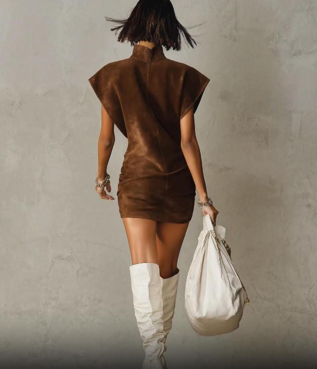 2026 European & American High Neck Suede Sleeveless Slim Fit Short Dress