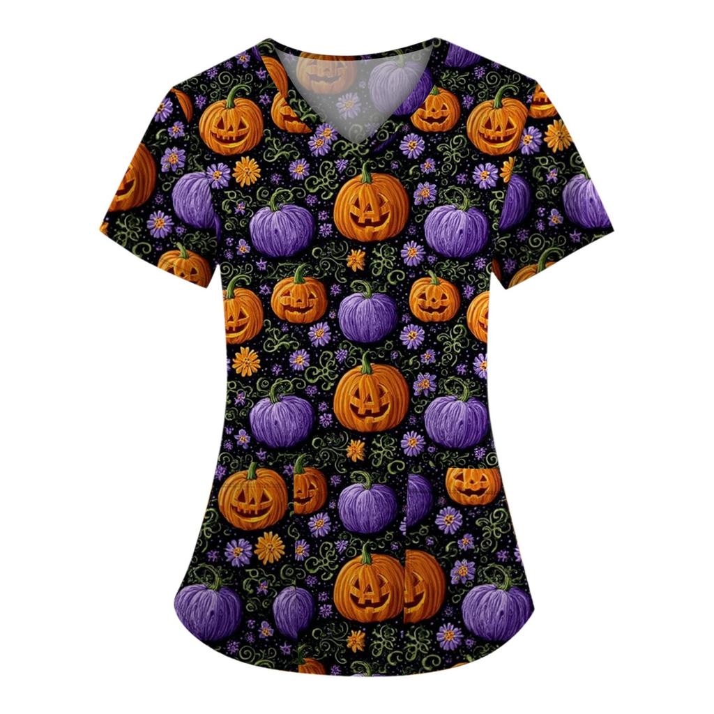 Velká velikost Potištěná srubová pracovní uniforma pro ženy s překříženým výstřihem do V Halloween potisk Zábavná trička s krátkým rukávem Pracovní oblečení Tričko s kapsami