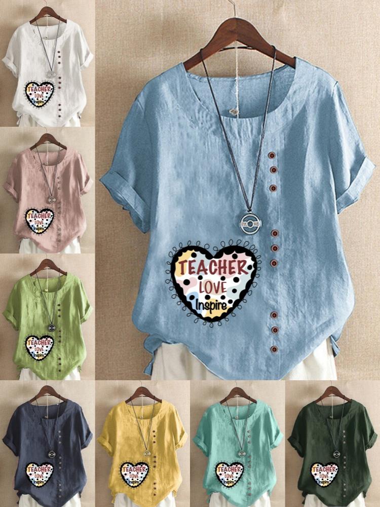 Women's Fashion Love Letter Print Shot Sleeve T-shirt Loose Cotton Shirt Casual Loose Summer Blouse Tops Plus Size