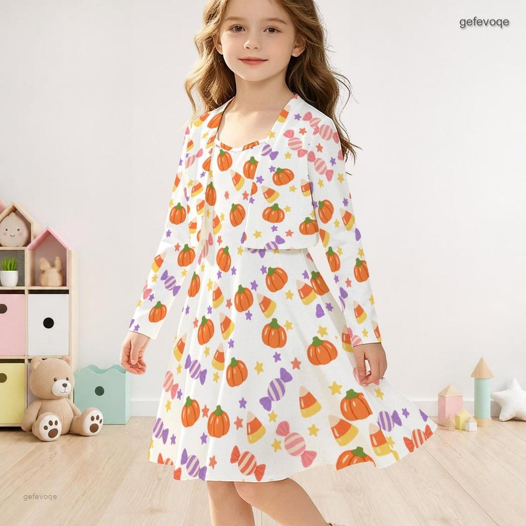 Girls White Halloween Two Piece Outfit Long Sleeve Cardigan Sleeveless Dress Pumpkin Bat Bow Print