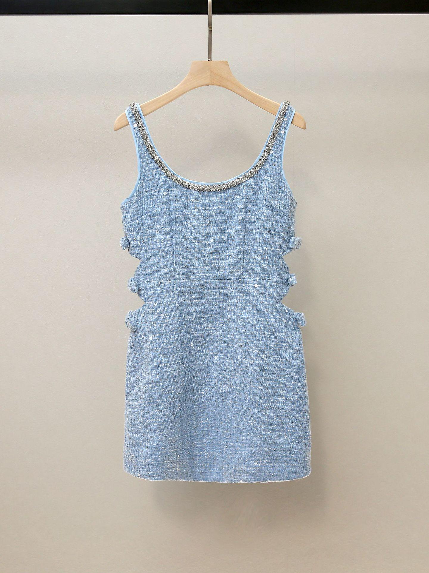 

Women s Autumn Temperament Sequin Dress with Rhinestone Bow and Hollow A-Line Design Medium