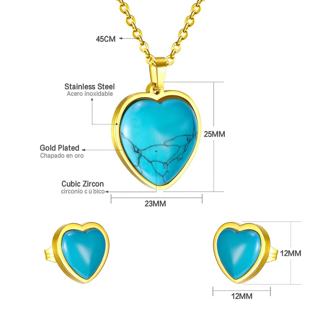 Songhua stone jewelry set female retro love shape round stud earrings necklace stainless steel jewelry set