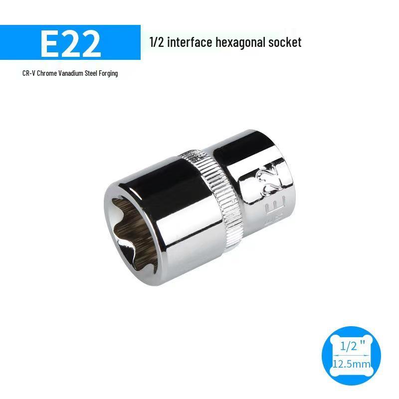 Metric 6-Point Flower-Shaped E-Type Socket Set: 1/2 Large, 3/8 Medium, 1/4 Small, Star Type.