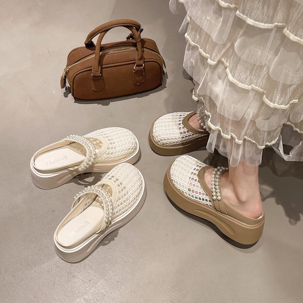 Half Tray Casual Sandals Wear Pearl Fashion Mesh Breathable Summer Bag Head Half Slippers Women'S Thick Bottom