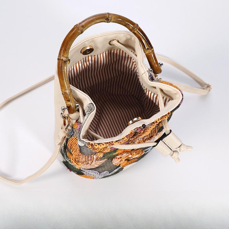 Elegant Sequin Embroidered Straw Woven Bucket Bag with Bamboo Handle - New Arrival Summer Trend Unique Crossbody Bag for Women