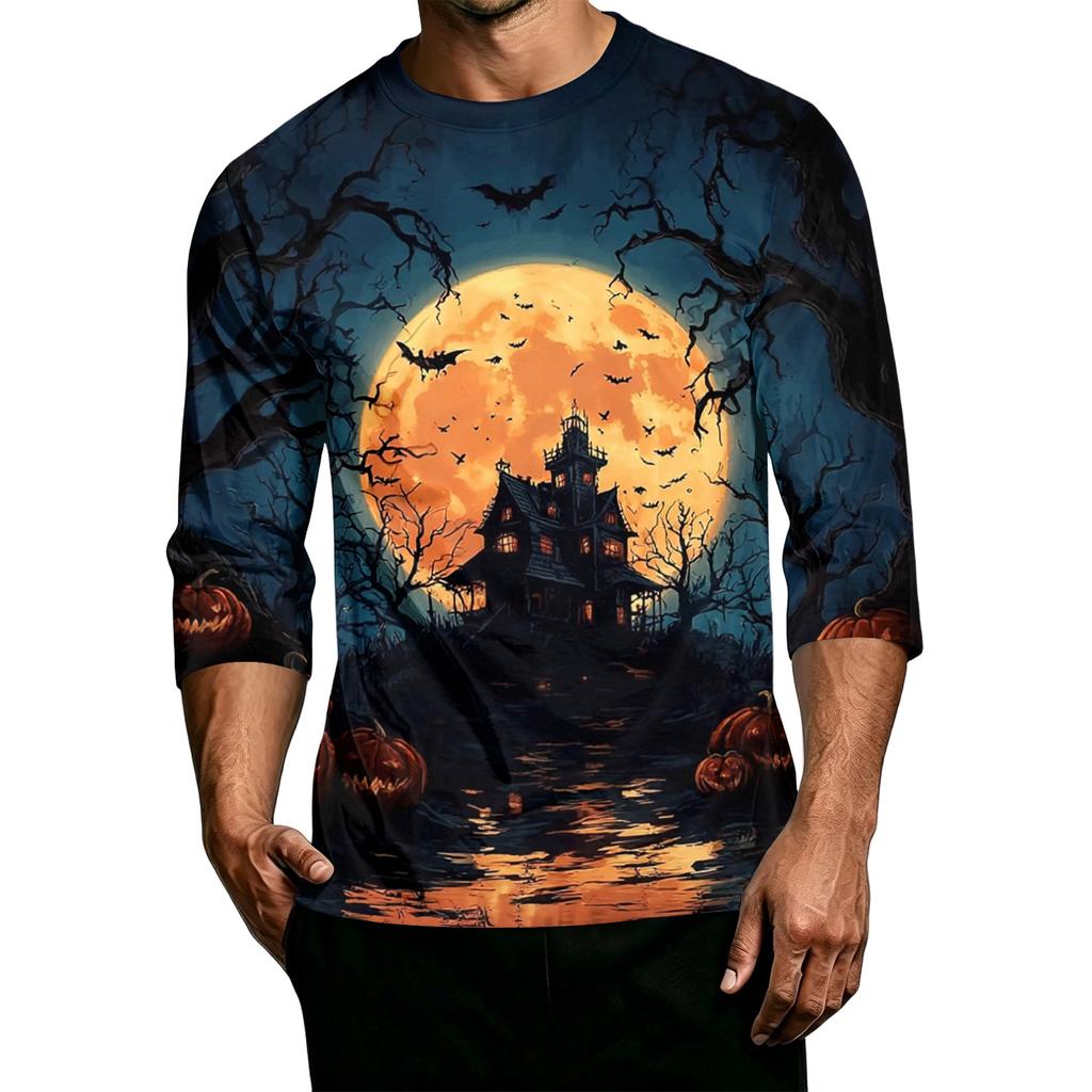 Men's Casual Halloween Print Crew Neck T-Shirt Three Quarter Sleeve Top Lightweight Comfortable Fit for Daily Wear