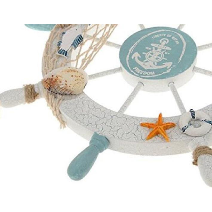 Nautical Ship Wheel Wall Decor, 18 In, White and Turquoise, Beach Theme with Seashells and Fish Net (11 Inch Crack Finishing)