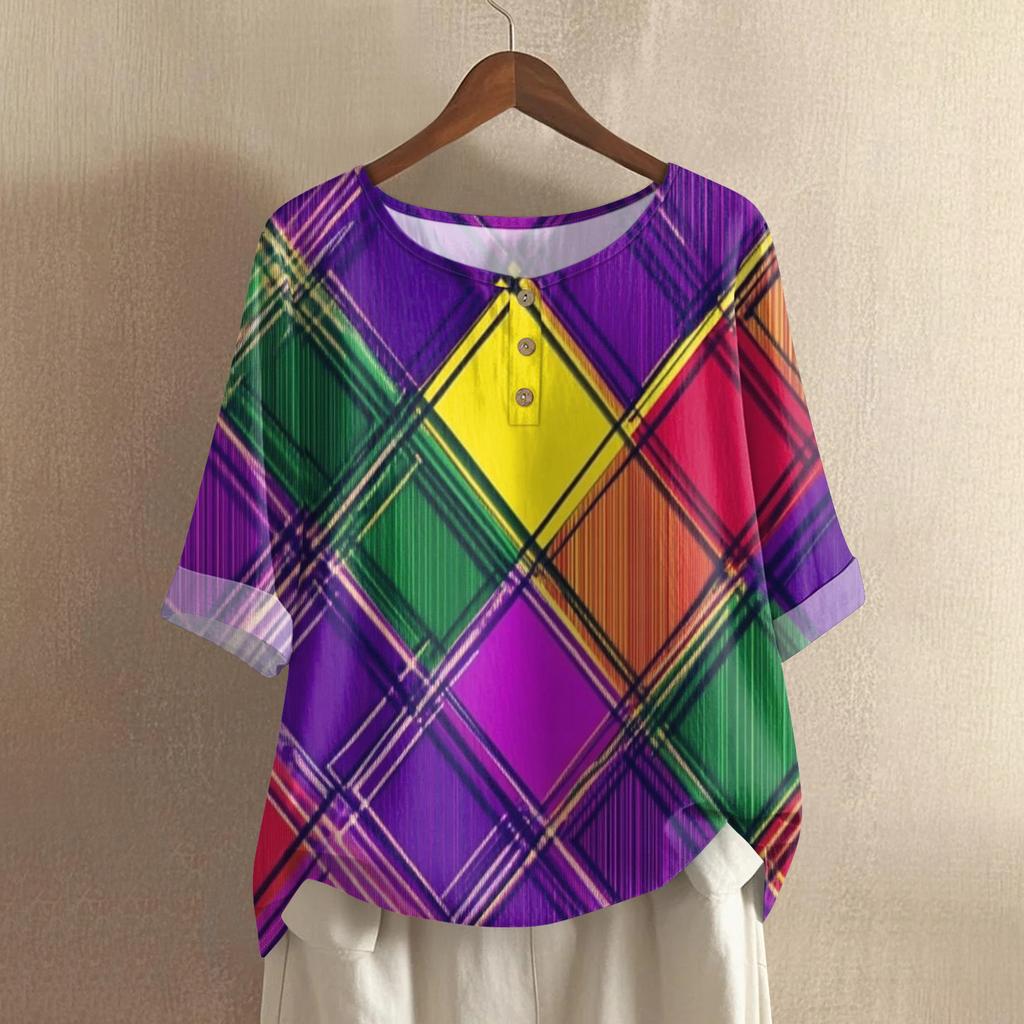 Women's Carnival Printed Casual Mid Sleeve Round Neck Cotton And Hemp Top