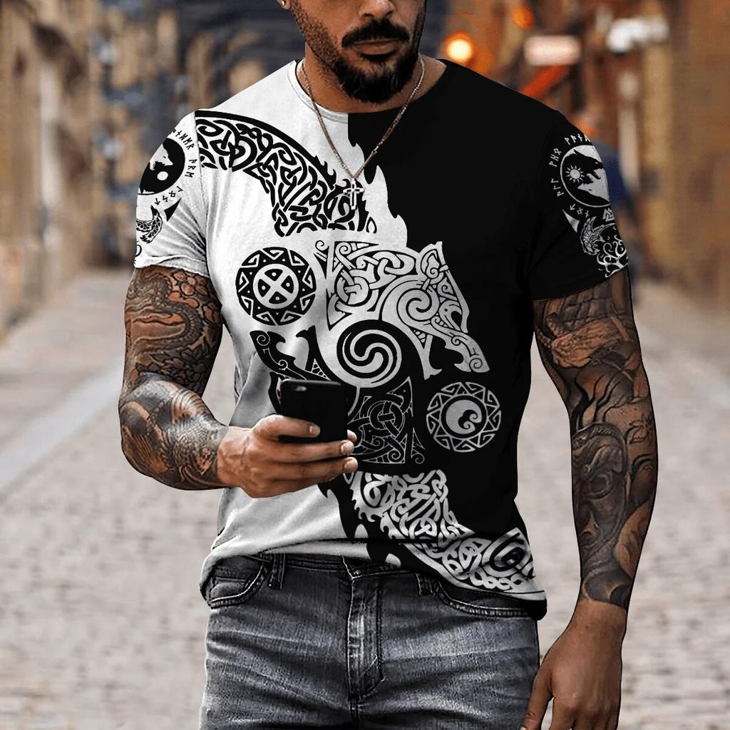 3D Print Viking Symbol męskie ponadgabarytowe koszulki letnie Casual wokół szyi koszulki z krótkim rękawem Unisex Street Tees topy
