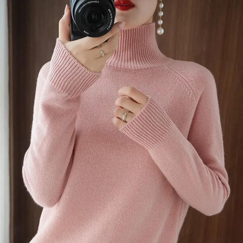 Rollkragenpullover Herbst/Winter Kaschmirpullover Damen Reine Farbe Lässig mit langen Ärmeln Lose Pullover Bodenbildung Damen
