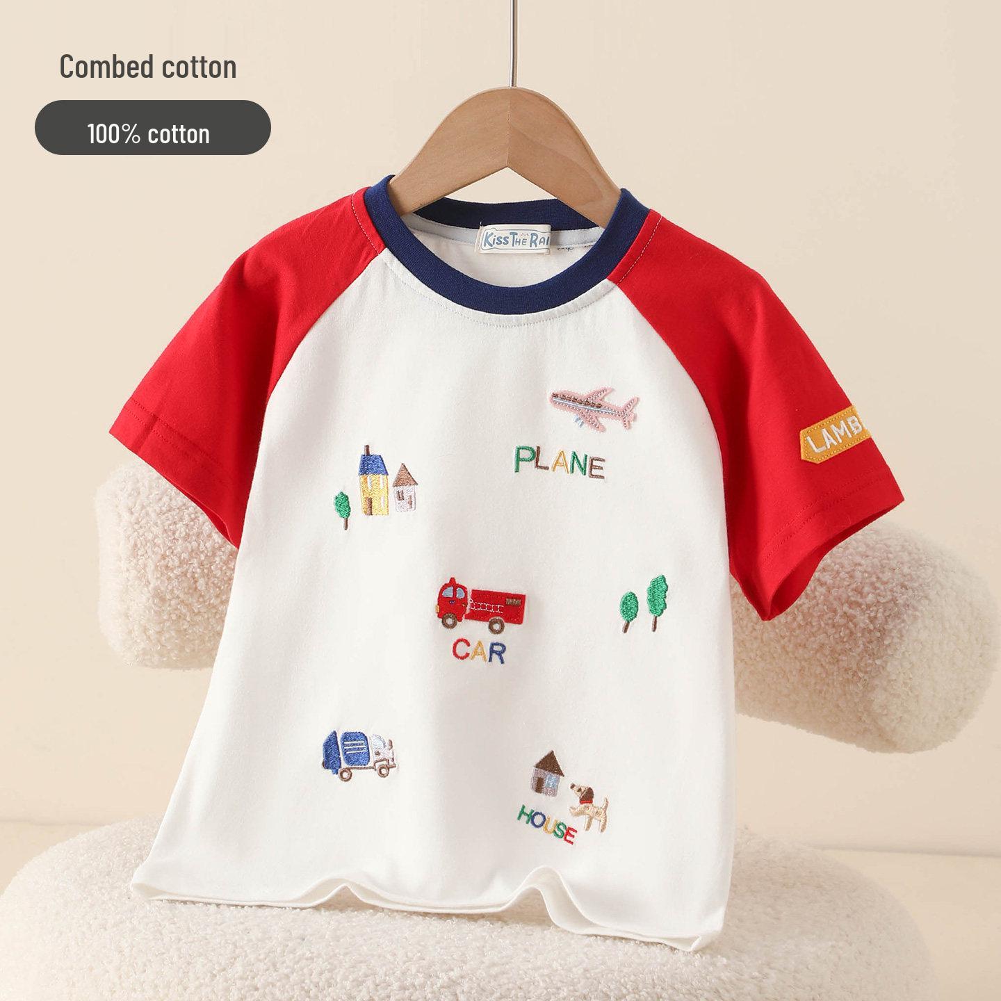 100% Cotton Boys’ Color Block Raglan Short Sleeve T-Shirt - Summer Round Neck Top Size 90