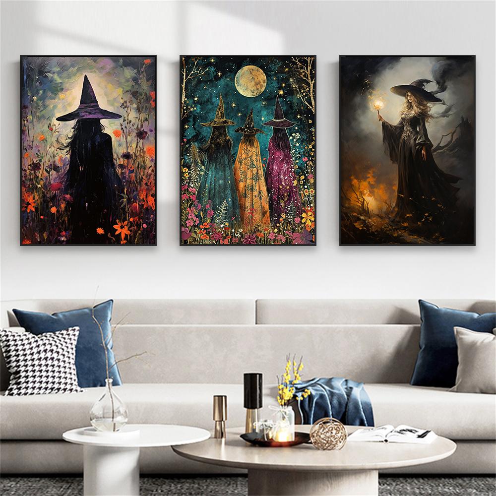 Floral Witch Classical Poster Mystical Art Oil Painting Print Witches Coven Amongst The Wildflowers Canvas Painting Wall Decor