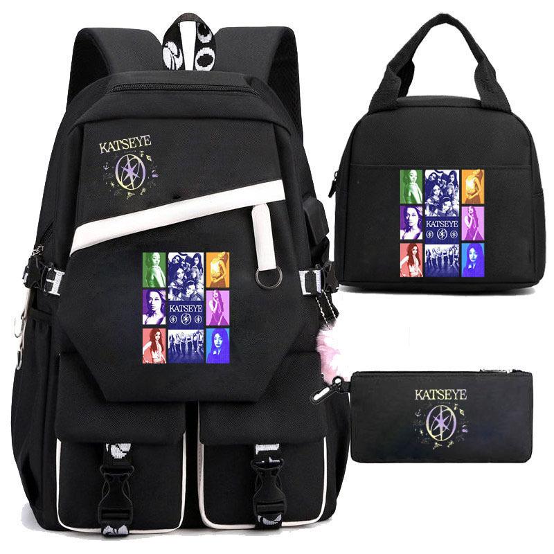 Katseye 3-in-1 School Backpack Set USB Charging Lunch Bag Pencil Case for Teenagers Students Lightweight Casual Bookbag with Large Capacity