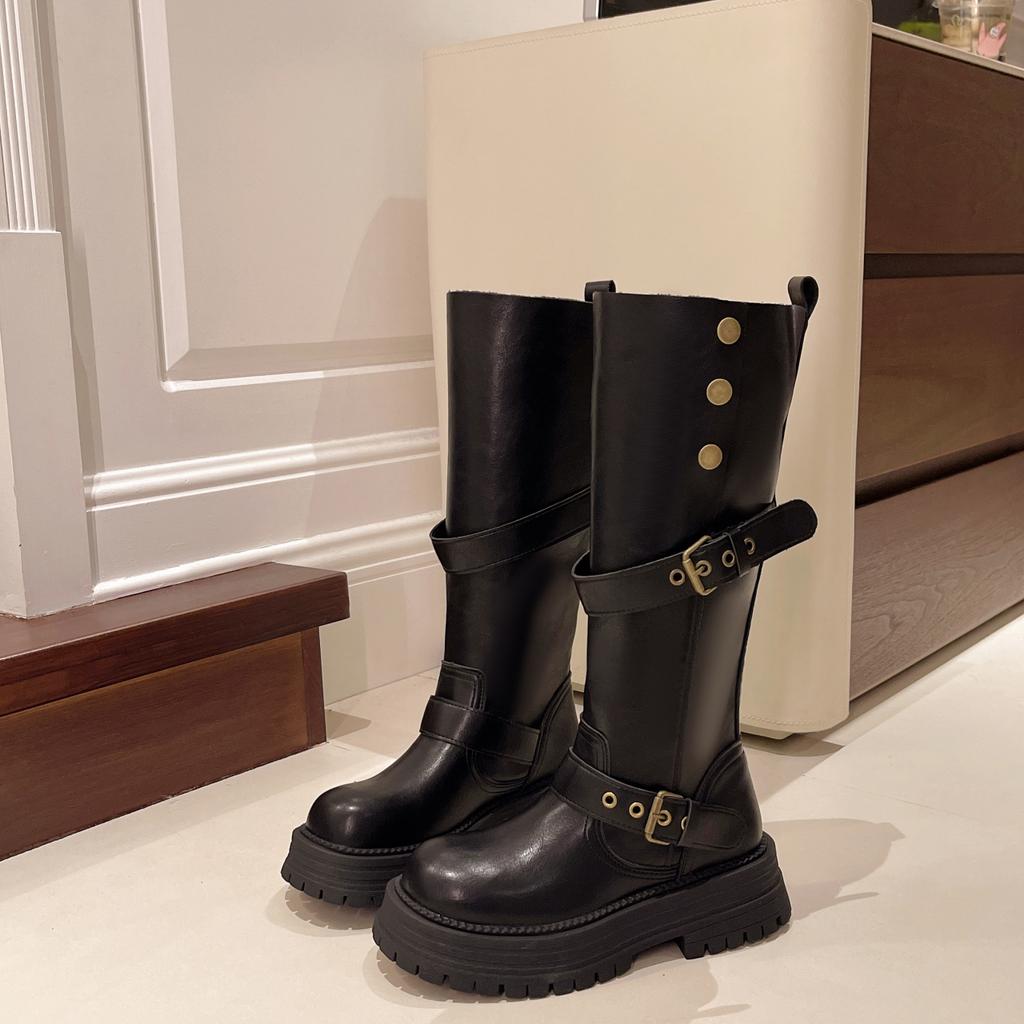 Winter Punk Style Women Knee High Boots Designer Belt Buckle Slip On Shoes Elegant Thick Bottom Knight Long Botas Largas Mujer