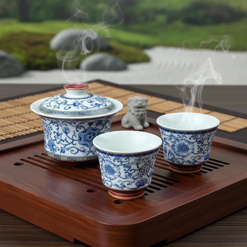 Blue and White Porcelain Lotus Kung Fu Tea Set: Enamel Teacup, Hovering Lid, Teapot, Saucer, and Master Cup.