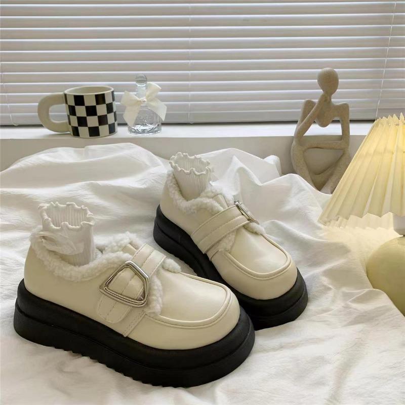 

Модные Новые Зимние Модные Тупоносые На Толстой Подошве Повседневные Туфли на Высоком Каблуке Удобные и Теплые Короткие Плюшевые Ботильоны с Пряжкой для Женщин 40 белый