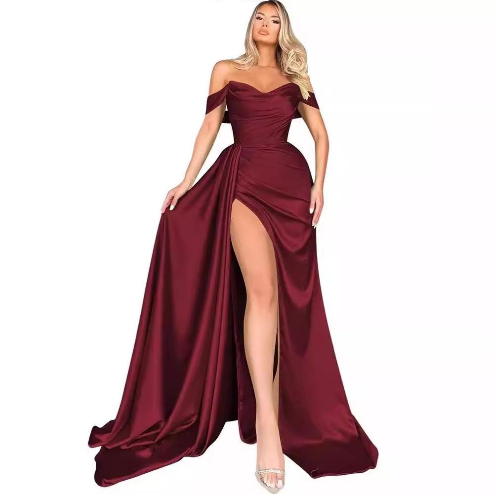 Annual banquet high split sexy host shoulder thin party evening dress