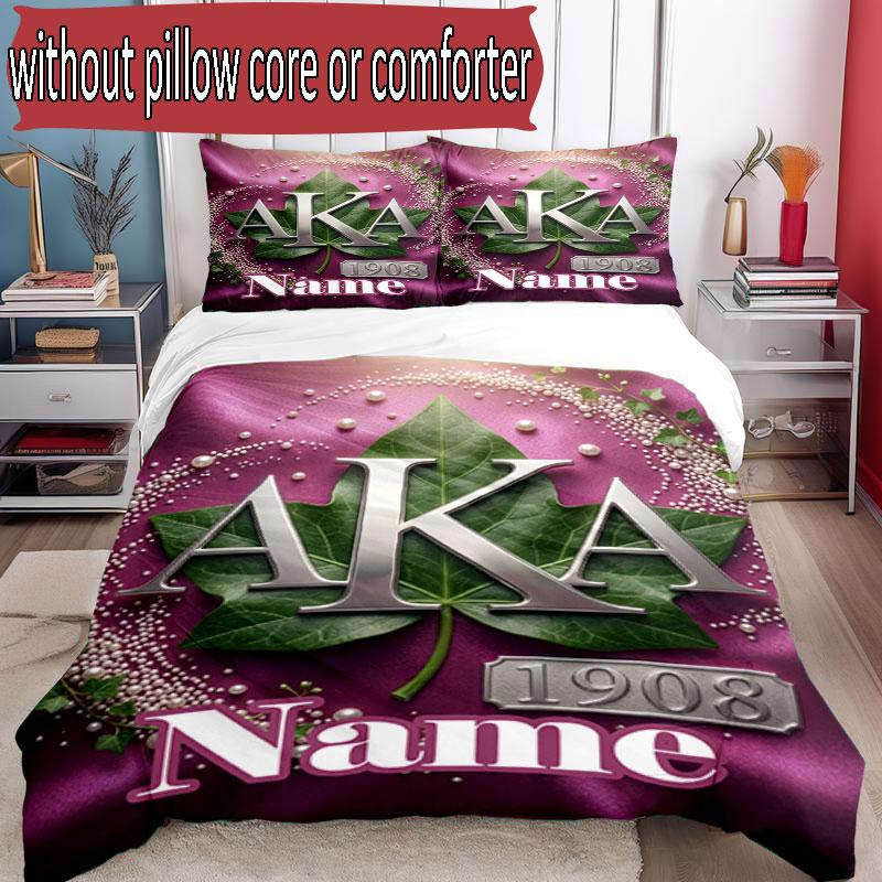 3pcs Duvet Cover Set (1*Duvet Cover + 2*Pillowcase, Without Core), Custom Name Alpha Kappa Alpha Pattern Bedding Set, Home Bedroom Decor Gift