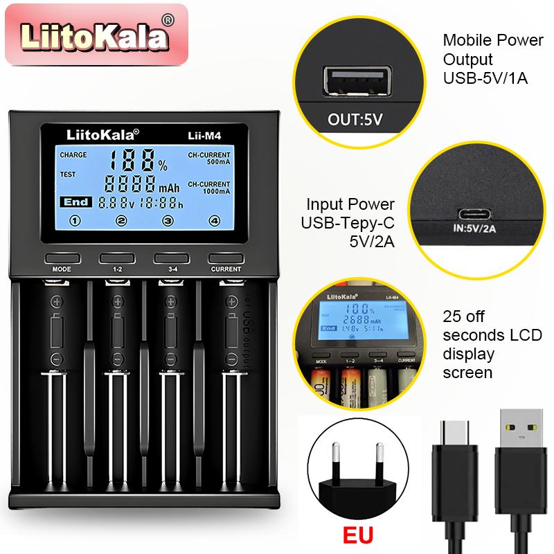 LiitoKala Lii-M4 18650 Charger LCD Display Universal Smart Charger Test Capacity 26650 18650 21700 AA AAA Battery 4slot 5V 2A