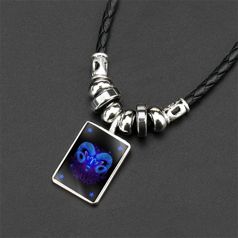 Sign Zodiac Personalized Necklace With Black Leather Rope And Pendant Alloy