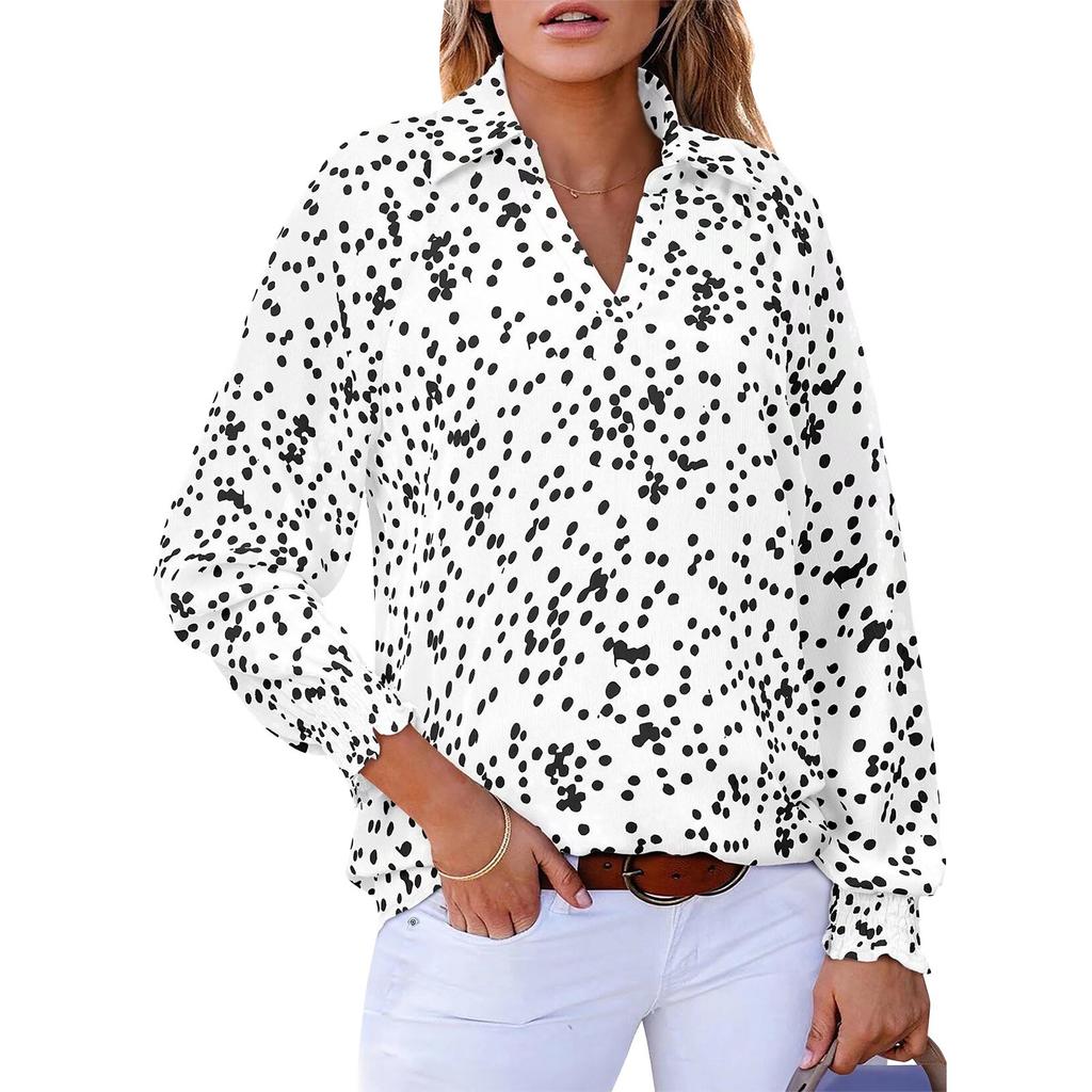 Damen Oberteile V-Ausschnitt Langarm Gepunktet Gedruckt Kordelzug Bluse