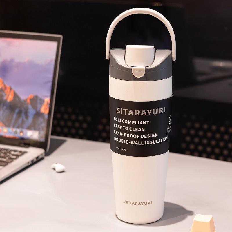 SITARAYURI Stainless Steel Insulated Bottle 900ML Double Drink Straw Thermos Cup Leak-proof Outdoor Sports Car Cups Hot Cold