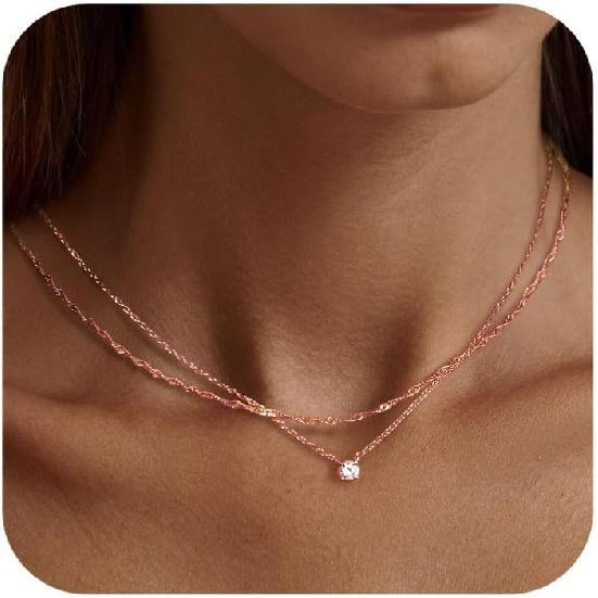Tewiky Dainty 14k Gold Plated/Silver Cubic Zirconia Necklaces for Women | Simple CZ Jewelry Necklaces Trendy Gifts