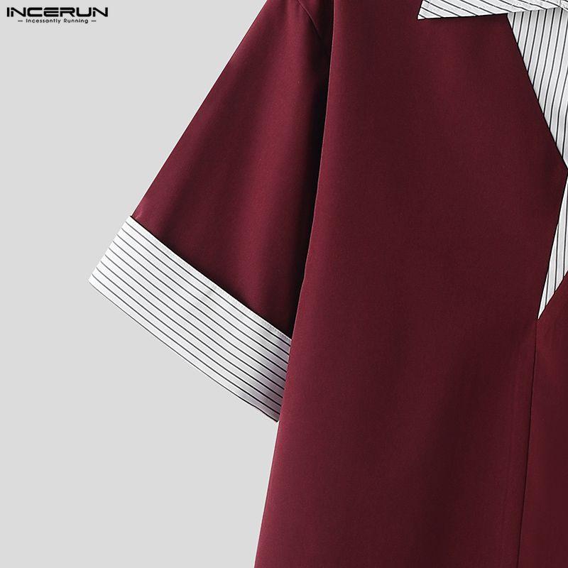 INCERUN Summer Men Lapel Neck Short Sleeve Striped Patchwork Casual Loose T-shirts Tops