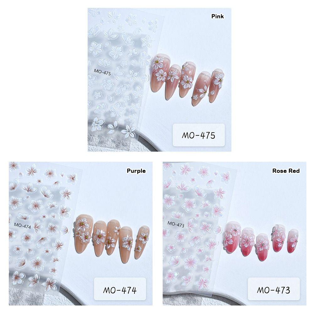 Embossed Design 3D Flower Stickers Elegant Style White Flower Self Adhesive Nail Decals Adhesive Accessories Simple Floral
