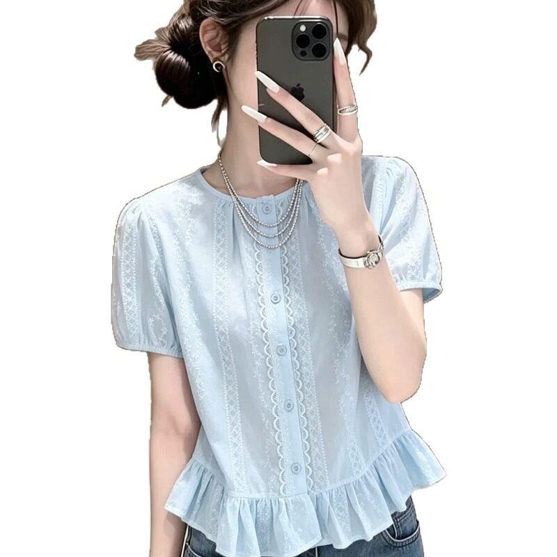Mori Crew Neck White Short-sleeved Shirt Women's Summer Belly Cover Design Lace Lace Temperament Top A