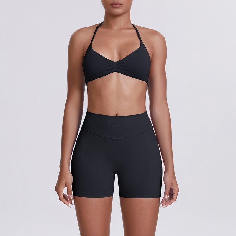 

2025 Матовый шаль с длинным рукавом одежда для йоги женская для улицы бега спорта жилет футболка фитнес быстросохнущие топы высокая эластичность 6702 Bra +6688 shorts Suit-Black S