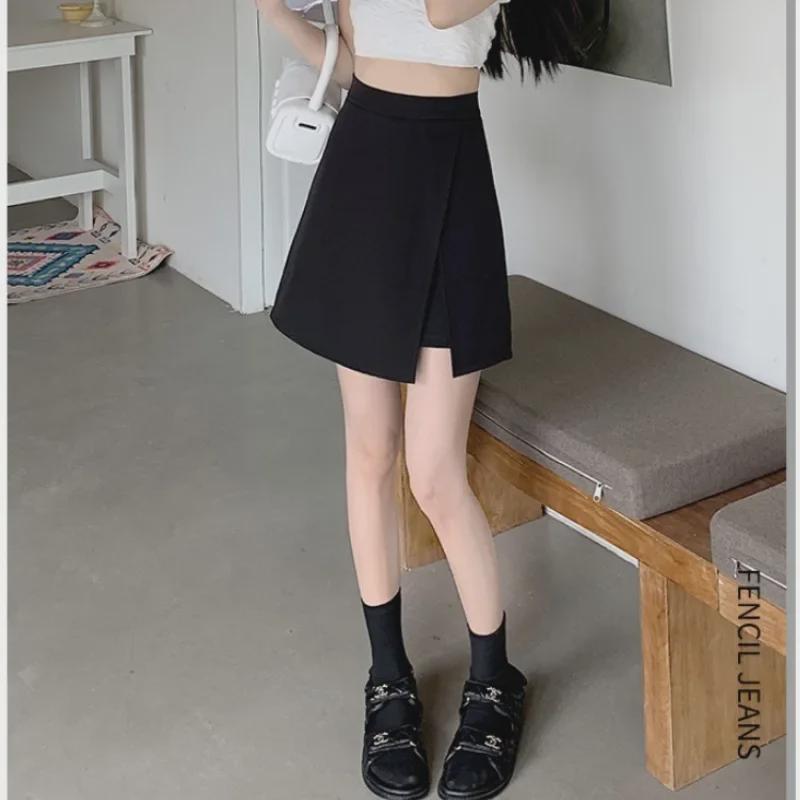 2024 Women's Black A-Line Slim High-Waist Skirt-Pants with Irregular Slit (Plus Size)