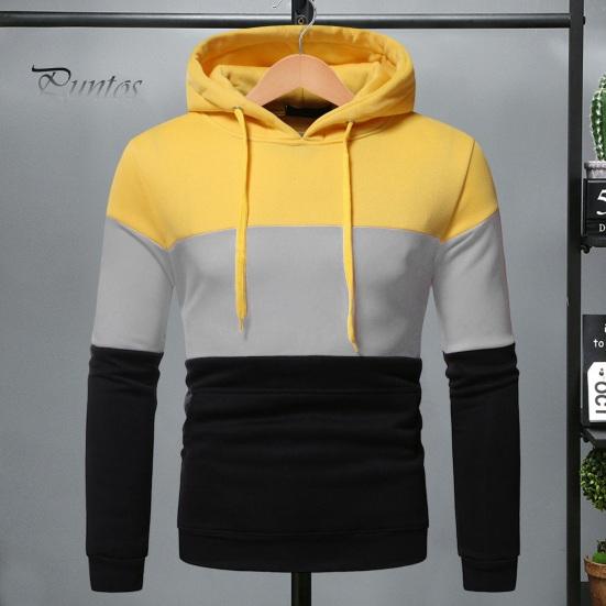 Men Fall Winter Hoodie Colorblock Drawstring Long Sleeves Big Pocket Hooded Retro Thin Loose School Daily Wear Casual Sport Top