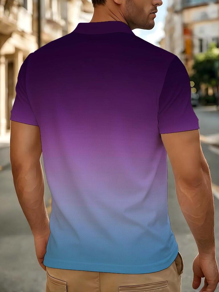 Men's Outdoor Short-Sleeve Polo Shirt with Printed Design (Not Textured), Available in Multiple Sizes. Men's Lapel Polo with Purple-Blue Gradient