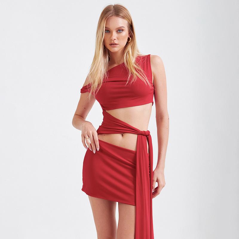 Irregular Diagonal Collar Waist Hollow Dress